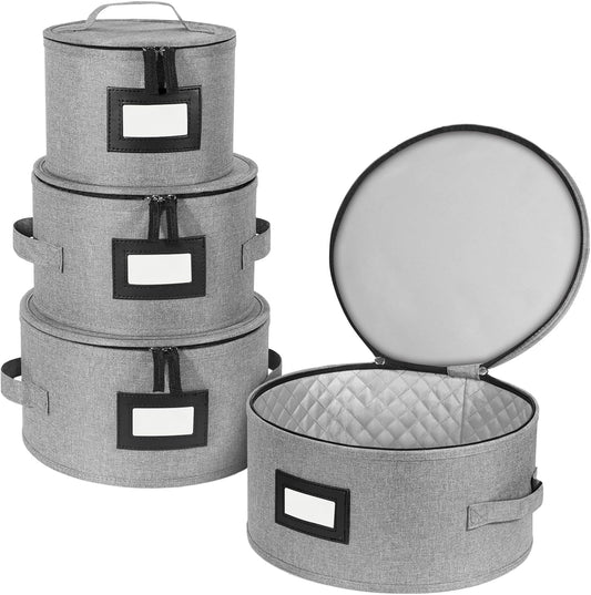 BALEINE Quilted Wine Glass Storage Containers - Sturdy Plate Organizer with Carry Handles | Hard Shell Grey