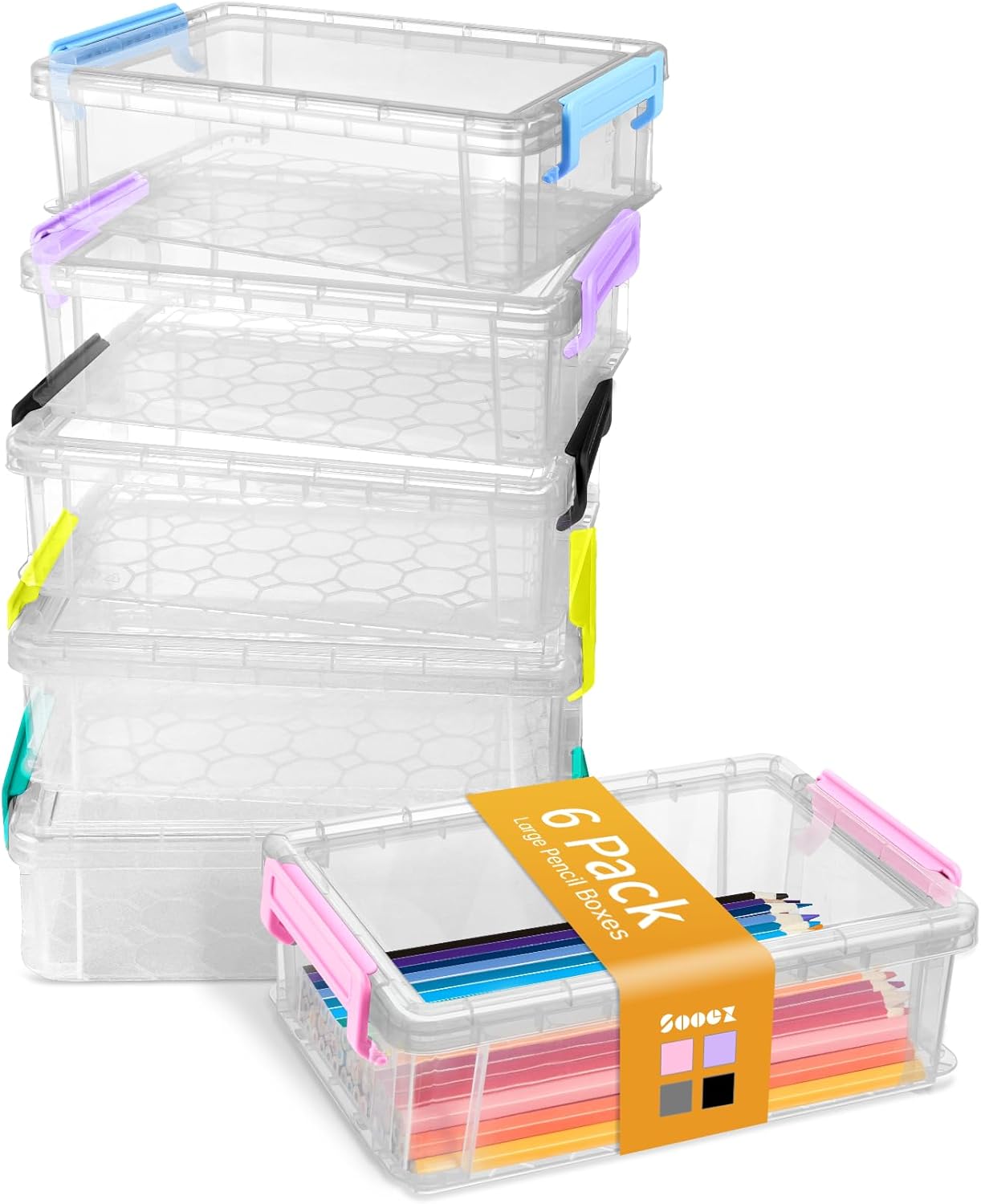 Sooez Extra Large Pencil Box Set - Clear Plastic Organizer with Lid | Stackable Storage for Art Supplies