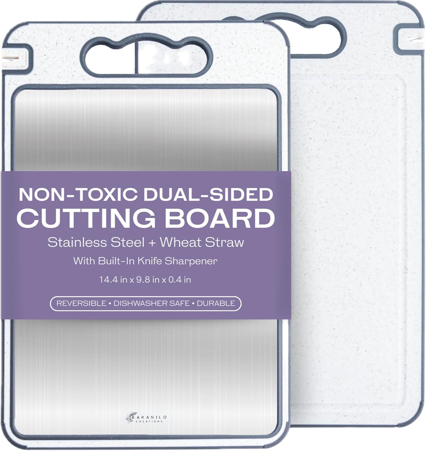 Non-Toxic Cutting Board by [Brand Name] - Double-Sided Stainless Steel & Wheat Straw | Dishwasher Safe, BPA-Free, 14.4” x 9.8”