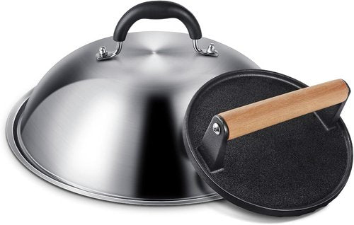 Blackstone Griddle Accessories - 12 Inch Heavy Duty Round Melting Dome & 7" Cast Iron Burger Press | Ideal for Flat Top Grills