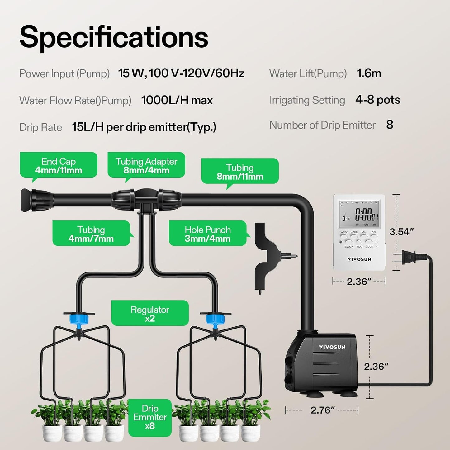 VIVOSUN Professional Drip Irrigation Kit - All-in-One System with Pump, Timer & 8 Emitters | 15W Output for Indoor/Outdoor Gardening