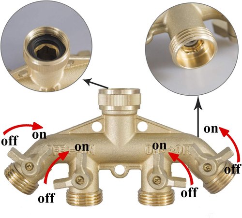 Hourleey Brass Garden Hose Splitter - 4-Way Solid Brass Connector with 4 Valves & Extra Washers