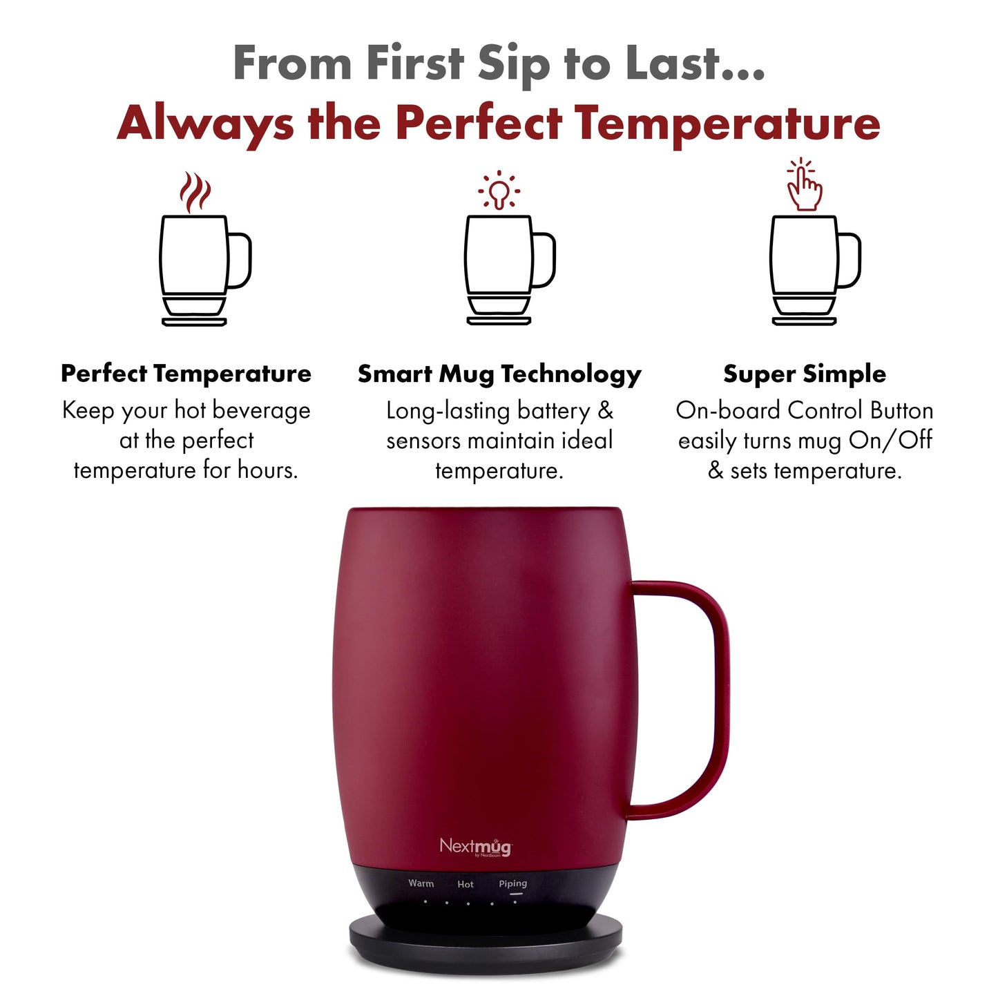 Nextmug Plus (Burgundy - 18 oz.) Temperature-Controlled, Self-Heating Mug – No App, Long-Lasting Battery for Work & Study, Great Gift for Coffee Lovers