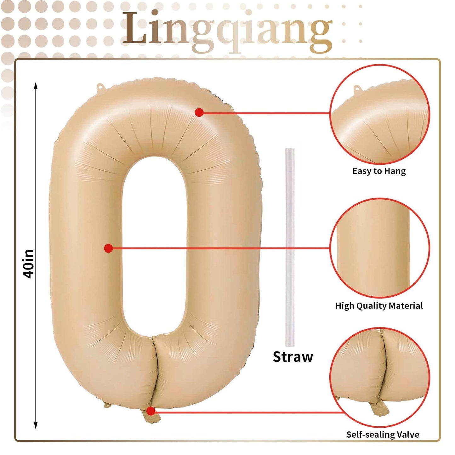 Nude 0 Balloons, 40 Inch Large Tan Foil Number Balloons Set 0-9, Self Inflating Digital 0 Helium Balloon for Boys Girls Men Women 10th 100th Age Birthday Anniversary Party Decorations Supplies