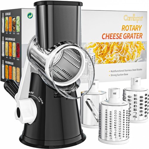 Cambom Rotary Cheese Grater - Hand Crank Shredder for Fresh Cheese, Veggies & Nuts | Non-Slip Base, Black