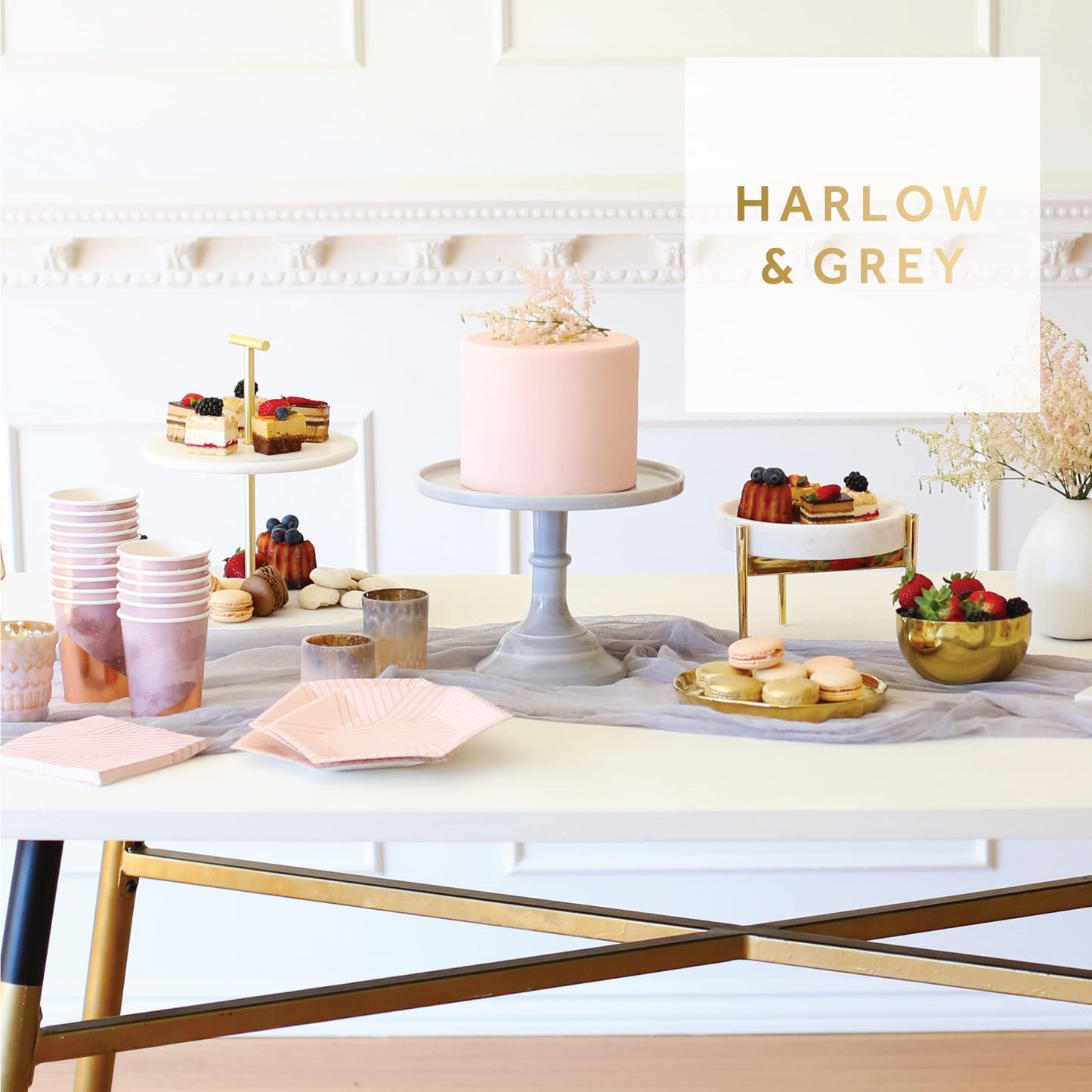 Harlow & Grey Amethyst Large Party Plates Set, 24 Ct Pack, 9.75” Elegant Disposable Paper Dinnerware Supplies for Birthday, Wedding, Shower, Anniversary, Holiday, Purple Watercolor & Rose Gold