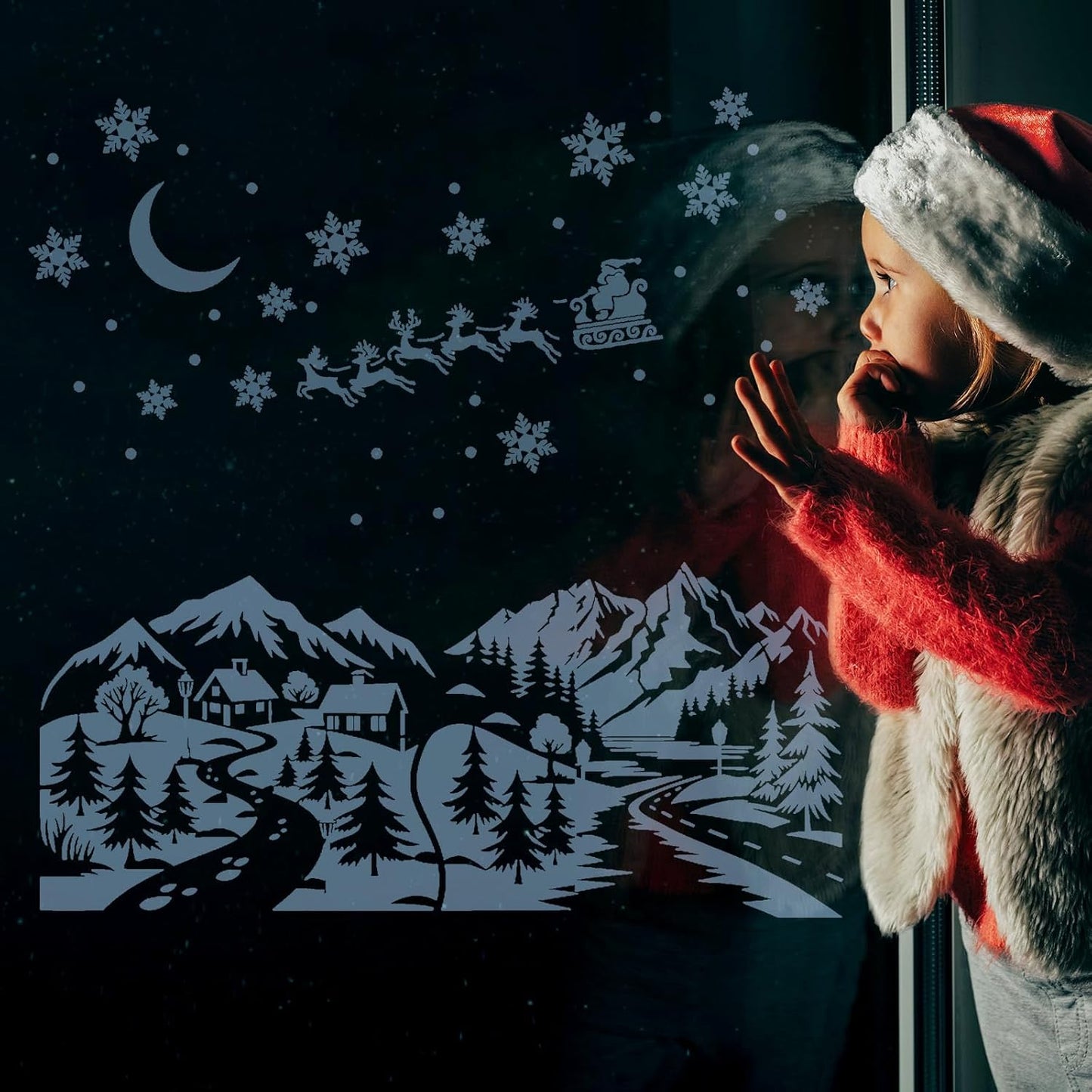 Leinuosen Christmas Window Stencils - 6 Pcs Reusable Winter Village Designs | 35.4 x 33 Inches