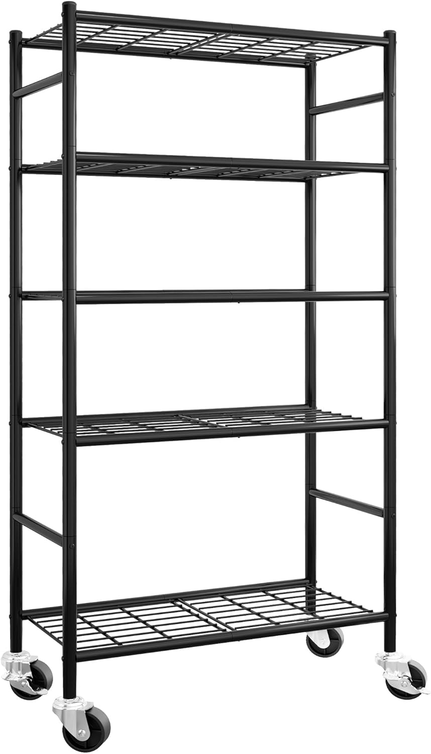 Sakugi Storage Shelves Organizer - Heavy-Duty 5-Tier Metal Shelf with Wheels | Adjustable for Kitchen, Pantry, Closet - 33.1"x12.6"x73.5", Black