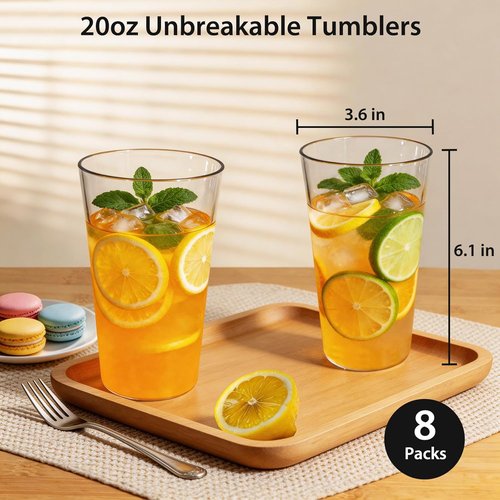 Freshmage Unbreakable Drinking Glasses - 20oz BPA-Free Shatter-Proof Tumblers | Set of 8, Clear, Stackable