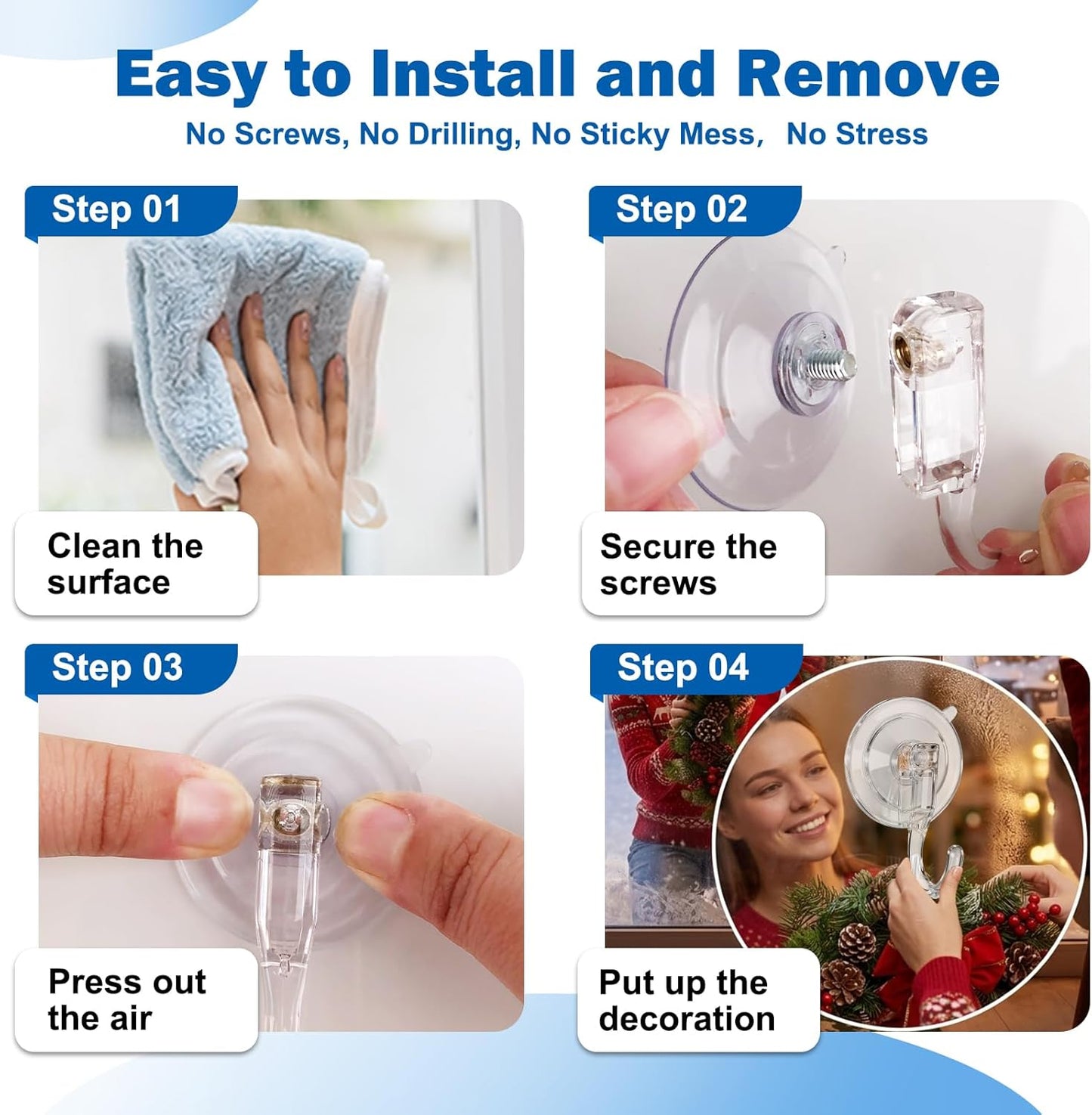 Skiennix Suction Cup Wreath Hangers - 6 Pcs Heavy-Duty Clear Hooks for No-Damage Holiday Decor