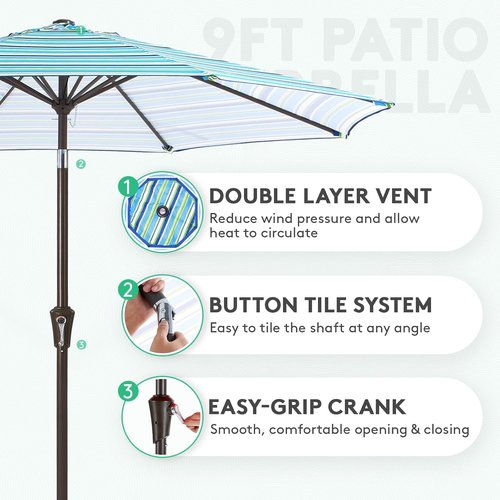 JEAREY 9FT Outdoor Patio Umbrella - UV Protection, Waterproof, Push Button Tilt & Crank | Blue Green Stripe