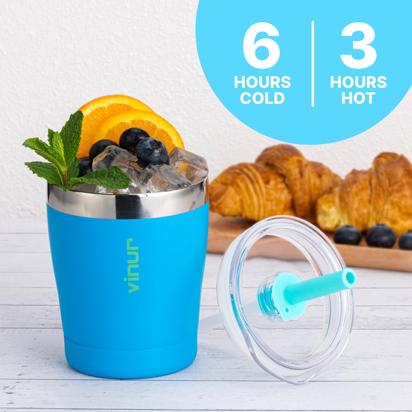 VINUR Kids 9 oz Tumbler with Lid and Straw|18/8 Stainless Steel Insulated Drinking Cup with Silicone Base|Spill Resistant|Gift for Girls and Boys, Sky Blue