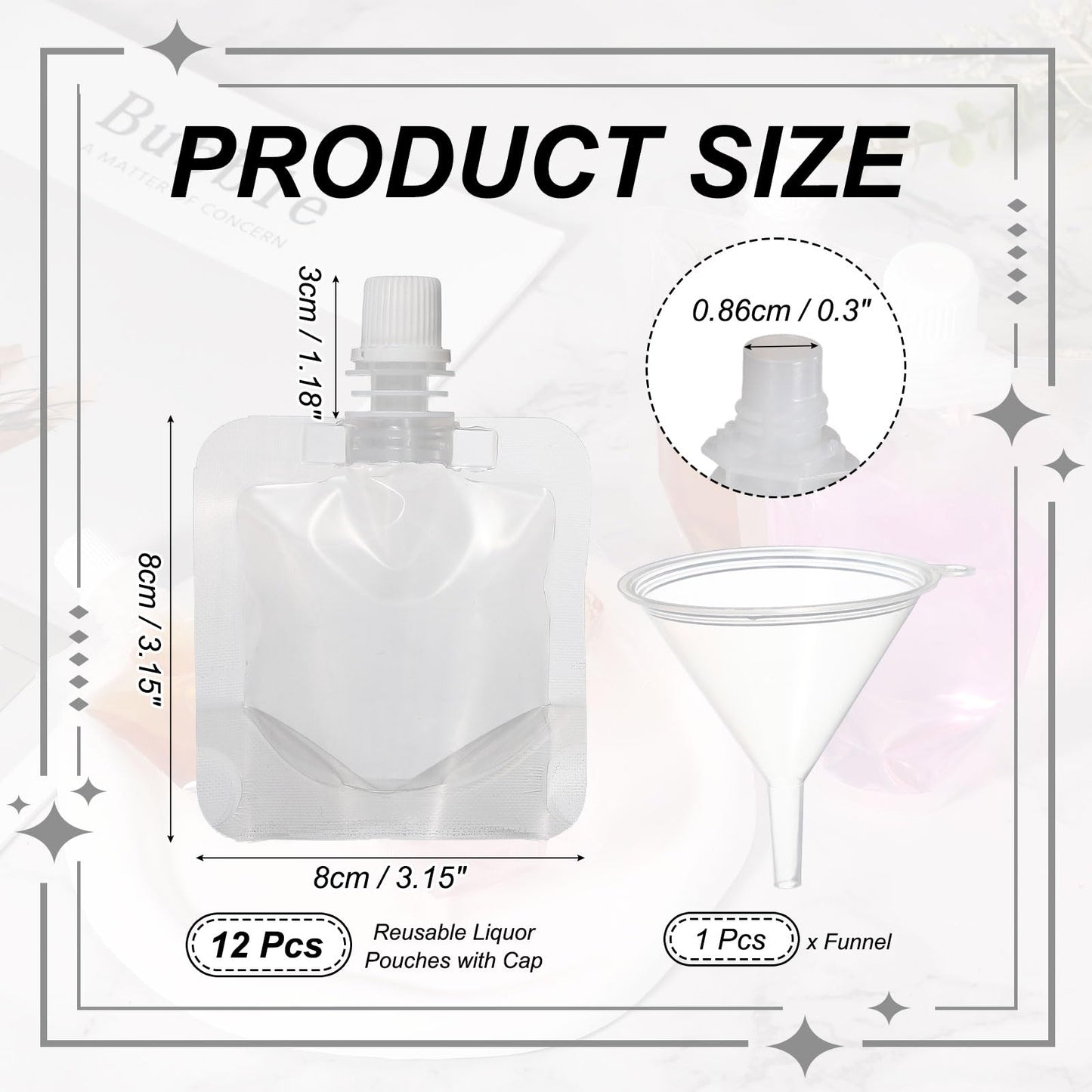 uxcell 12 Pcs Plastic Flask, 1oz Reusable Drink Pouches Water Drinking Flasks with Funnel Leak-Proof for Travel Outdoor Sports, Caliber 0.3 in