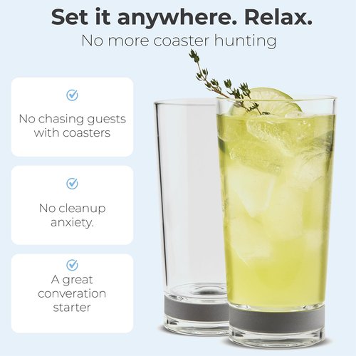 Coast Glassware The Tall – Protect Your Table – Highball Glass with Built-In Stone Coaster – Absorbent Cocktail & Water Tumblers, Set of 4, 16 oz