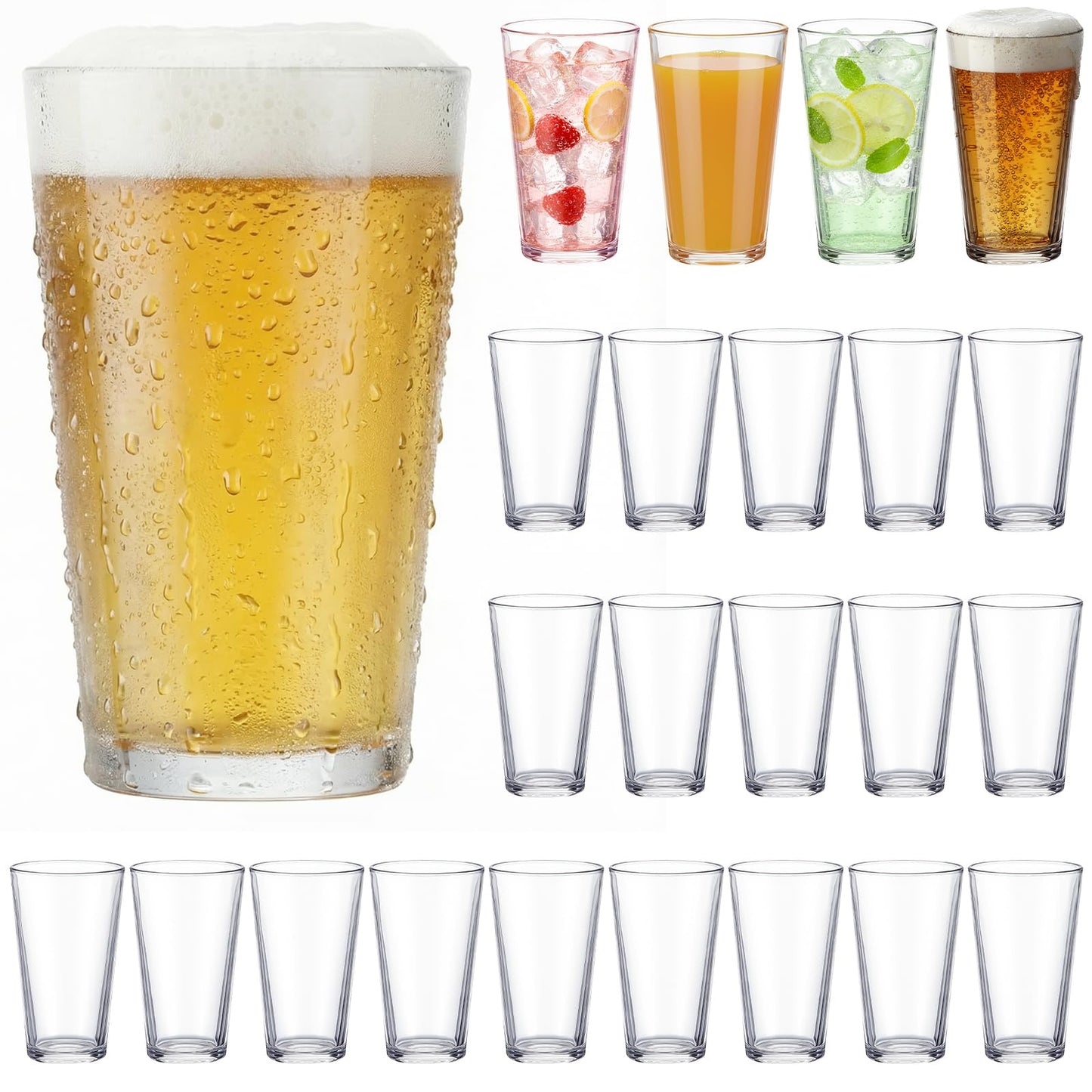 Patelai 24 Set Pint Beer Glasses Set 16 oz Pint Glasses Drinking Made for Beverages, Juice, Cocktail, Highball Drinking Tumbler Glass Design for Home Dining, Bars, Pubs and Parties & Dishwasher Safe