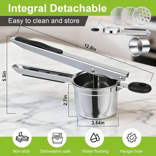 **Skiennix Potato Ricer - Heavy Duty Stainless Steel Masher with Ergonomic Handle & 3 Discs**