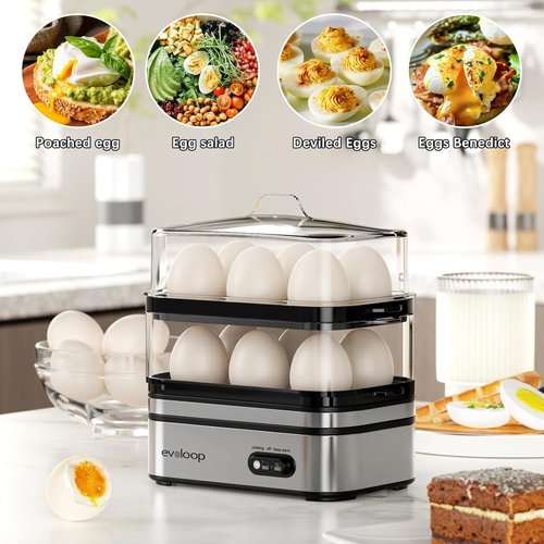 Evoloop Rapid Egg Cooker - Electric 12-Egg Capacity, Soft/Medium/Hard Boiled & Poached, BPA-Free Tray