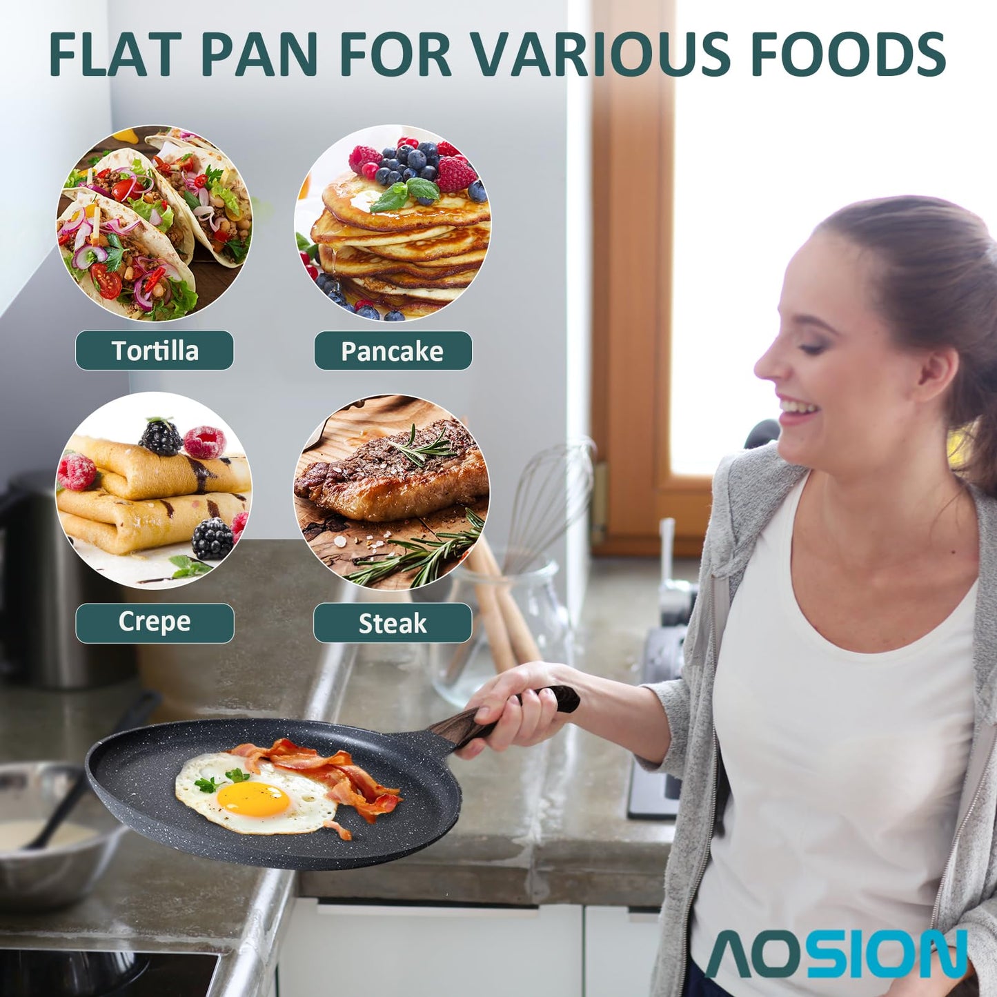 AOSION Crepe Pan 11 inch Nonstick Dosa Tawa Pan, Ceramic crepe pan,Tortilla Pan for Pancake Omelette Steak Frying Egg with Ergonmic Handle,For All Stoves
