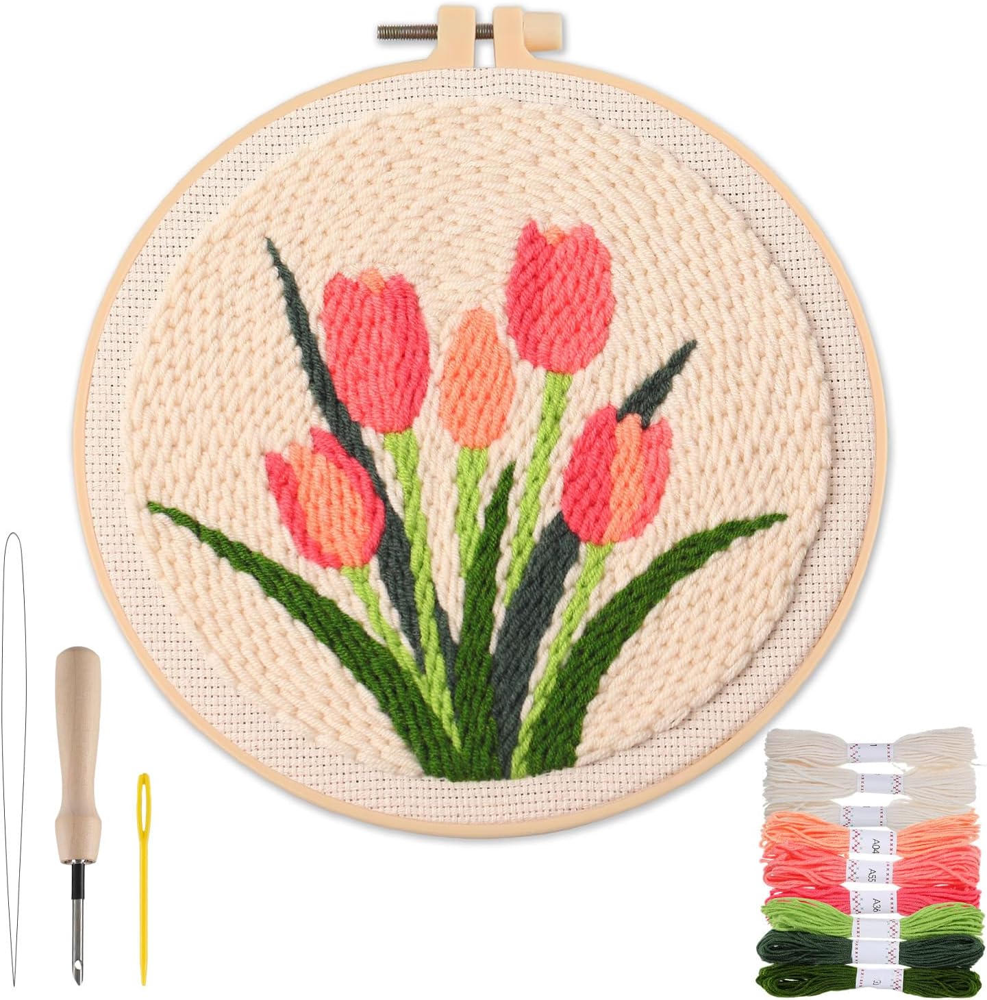 Tulip Punch Needle Kit for Beginners - Step-by-Step Guide & Video, Complete with Fabric, Hoop, Needle, and Yarns