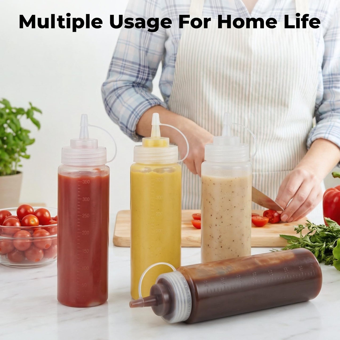 OAMCEG 12OZ Squeeze Bottles - 4 Pack Durable Plastic Condiment Bottles, Squirt Bottle with Discrete Measurements, for Ketchup, BBQ, Sauces, Syrup, Condiments, Dressings, Arts and Crafts
