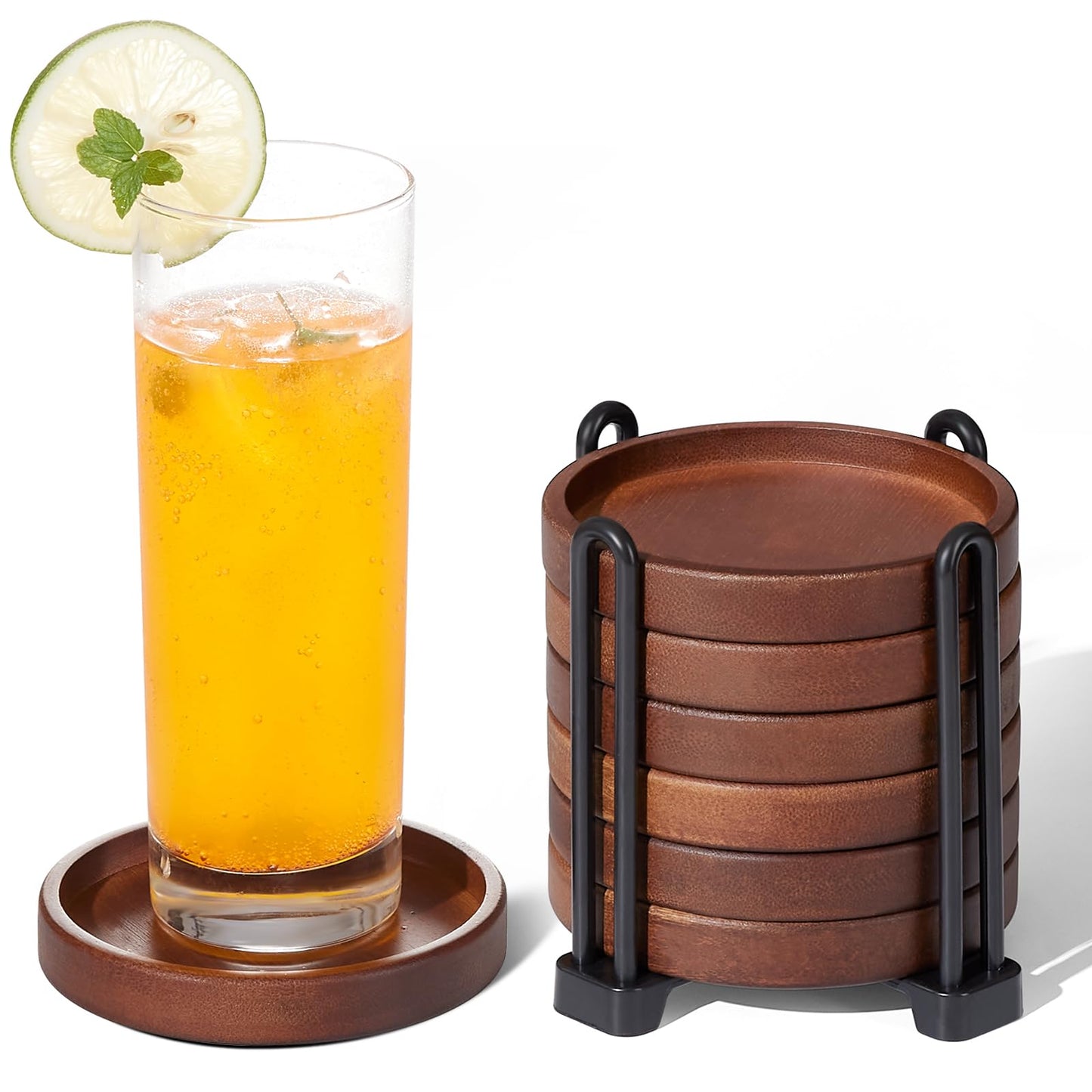 Set of 6 Wooden Coasters With Holder - Coffee Table Coasters for Drinks, Modern Home Decor, Dining Table Decorative Set, Cute Beer Bar Rustic Outdoor Wood Coaster
