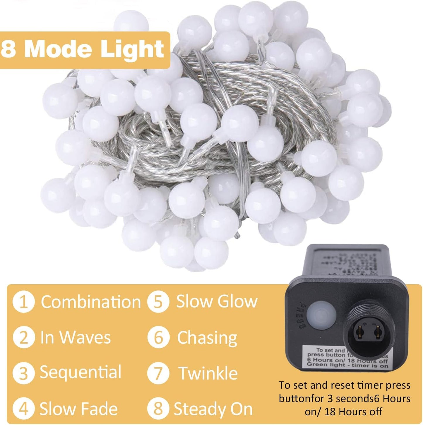Ogrmar 100 LED Globe Ball String Lights - 49 Ft Fairy Lights with Remote & Timer for Indoor/Outdoor Decor | Warm White