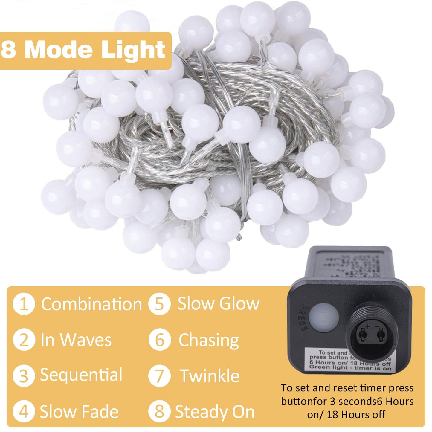 Ogrmar 49 ft 100 LED Globe Ball String Lights 8 Modes Fairy String Lights with Remote, Timer Function & Connectable for Indoor Outdoor Wedding Birthday Christmas Tree Garden Decor (100, Warm White)