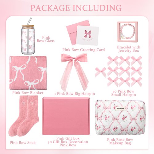 Didaey 10 Pcs Pink Bow Gift Baskets for Woman Birthday Gifts for Girls Teenage Pink Coquette Glass Cups Soft Blanket Teen Girl Birthday Box Gift for Her, Sister Friend Women 16th 18th 21st Box Set