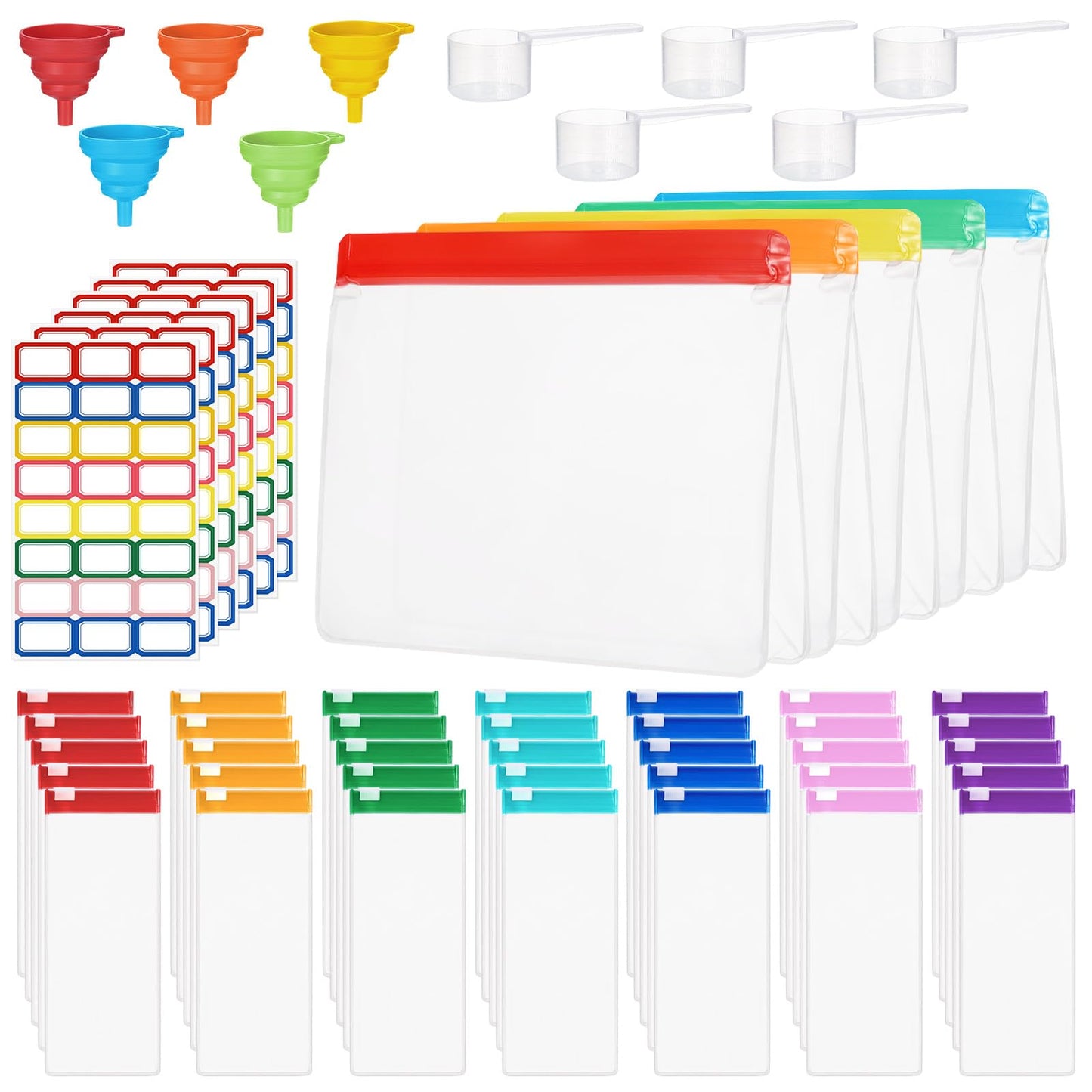 55 Pcs Protein Powder Travel Container Set - Protein Powder Container To Go, Single Dose Kit Reusable Powder Supplement Packets, Portable Powder Organizer Zip up Bags with Funnels, Spoons, Labels