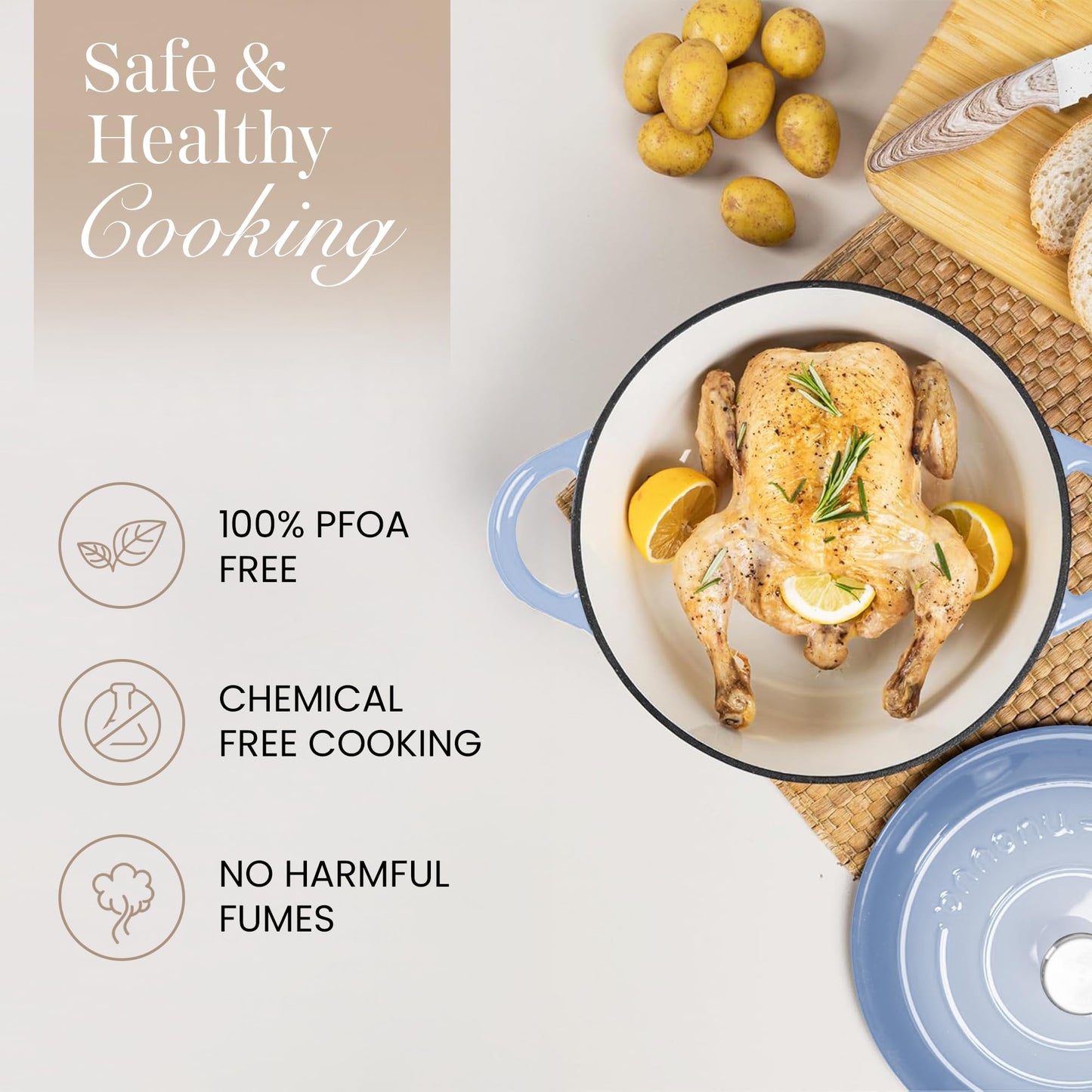 Nuovva Enamelled Cast Iron Dutch Oven Pot with Lid 6.4 Quart Non Stick Casserole Pot – Heavy Duty & Oven Safe up to 500° F for Bread Baking, Braising, Stews, Roasting – 28cm Costal Blue