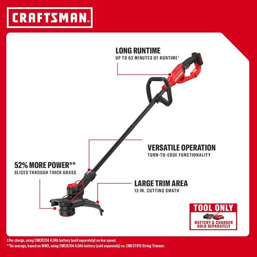 CRAFTSMAN V20 Cordless String Trimmer & Lawn Edger - 13-Inch, 63 Minutes Runtime, Easy Handling