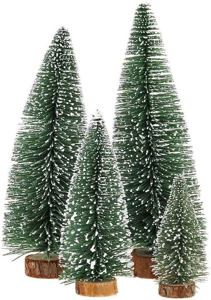 Skiennix Mini Christmas Tree - Small Pine Tree with Wooden Base for Holiday Table Decor | Green (4pcs)