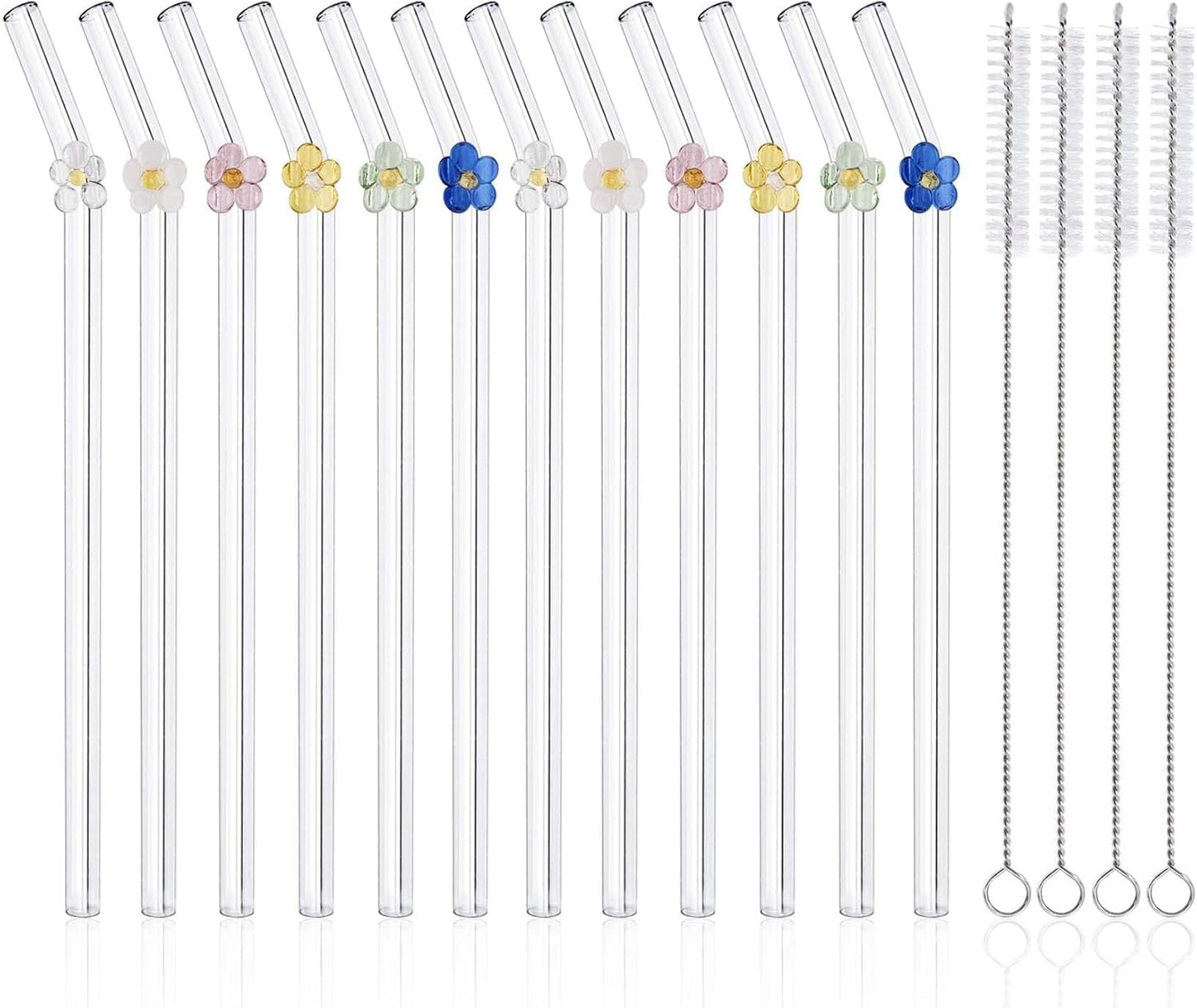 DUMING-IN 12 Pack Reusable Glass Straws, 7.9"×8mm Cute Flower Glass Straw for Coffee, Milkshakes, Juices
