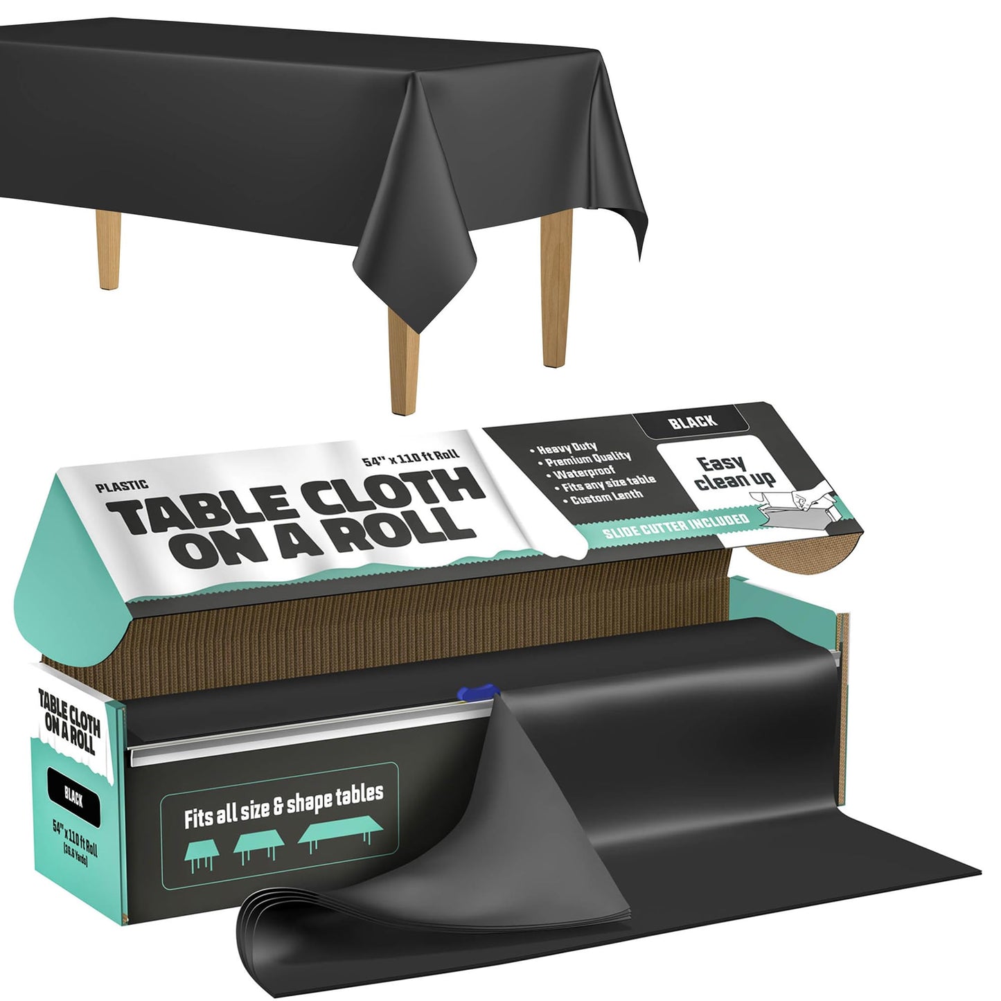 Tablecloth Roll – 54" X 110' Black Premium Plastic Table Cloths with Cutter Box - Cut to Size - Decorative Rectangle Table Cover Smooth Tablecloth - Disposable Tablecloths for Parties, Weddings.