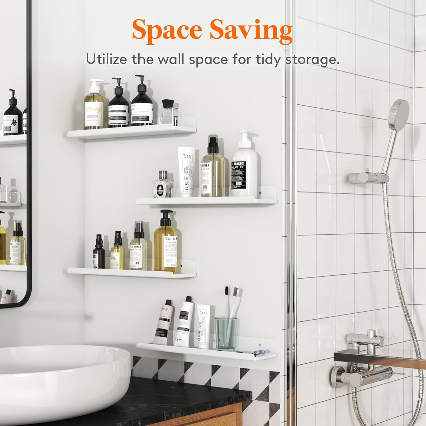 Lifewit Floating Shelves - 15" Acrylic Wall Organizer for Perfume, Makeup & Decor | 8 Pack, White
