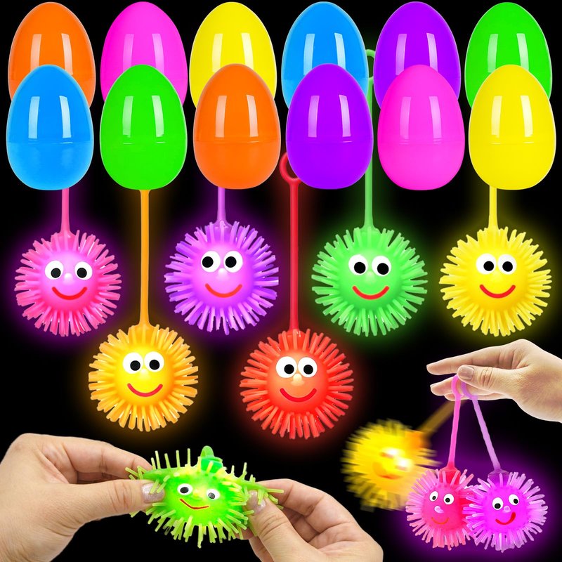 ZICZLI 24 Pack Easter Eggs Filled with LED Puffer Balls, Light Up Stress Relief Toys for Kids Boys Girls Teens Easter Hunt Filling Treats Basket Stuffers Easter Party Favors