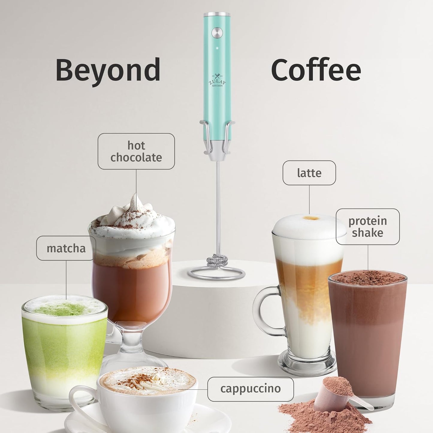 Zulay Kitchen Rechargeable Milk Frother - Powerful 2-Speed Motor, Waterproof, 2000mAh Battery | Sky Blue Drink Mixer for Latte, Cappuccino & Matcha