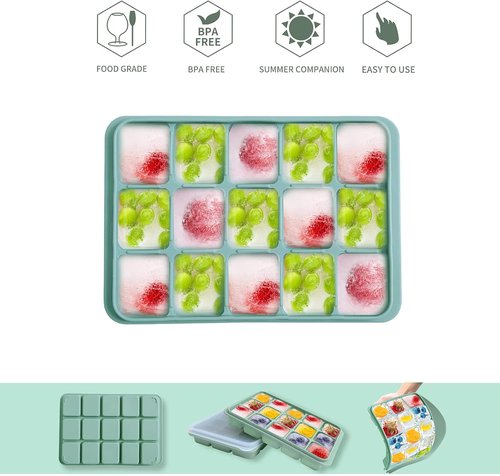 BAMBOO GREEN Silicone Ice Cube Trays - Set of 2 Flexible Molds with Removable Lid | BPA Free, Stackable Design