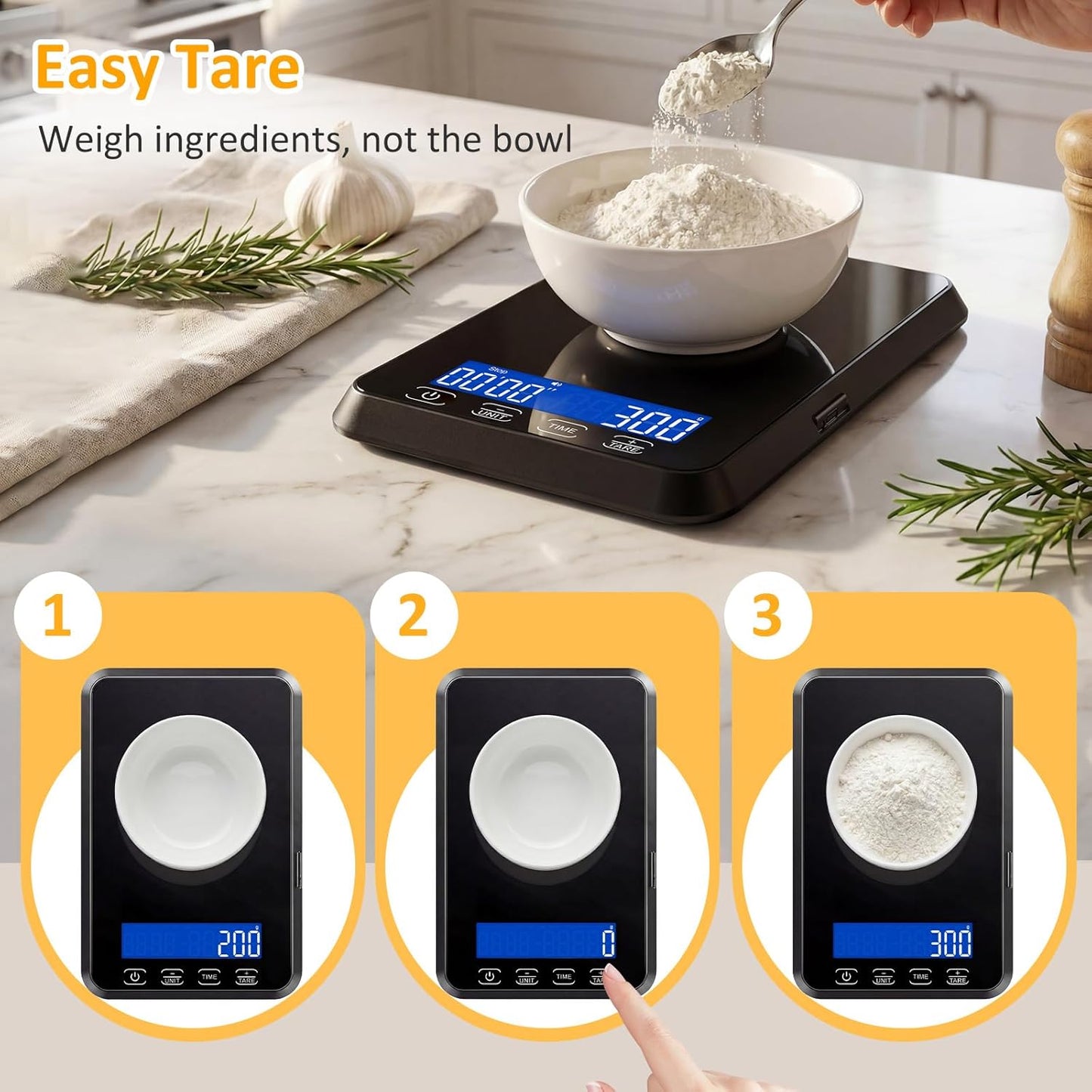 Letron Food Scale - 33 lb High Precision Kitchen Scale for Sourdough Bread | Rechargeable, 7 Units, Tare Function