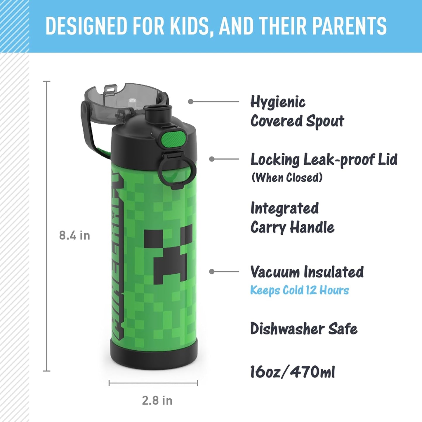 THERMOS FUNTAINER 16 Ounce Stainless Steel Vacuum Insulated Bottle - Wide Spout Lid | MINECRAFT Design
