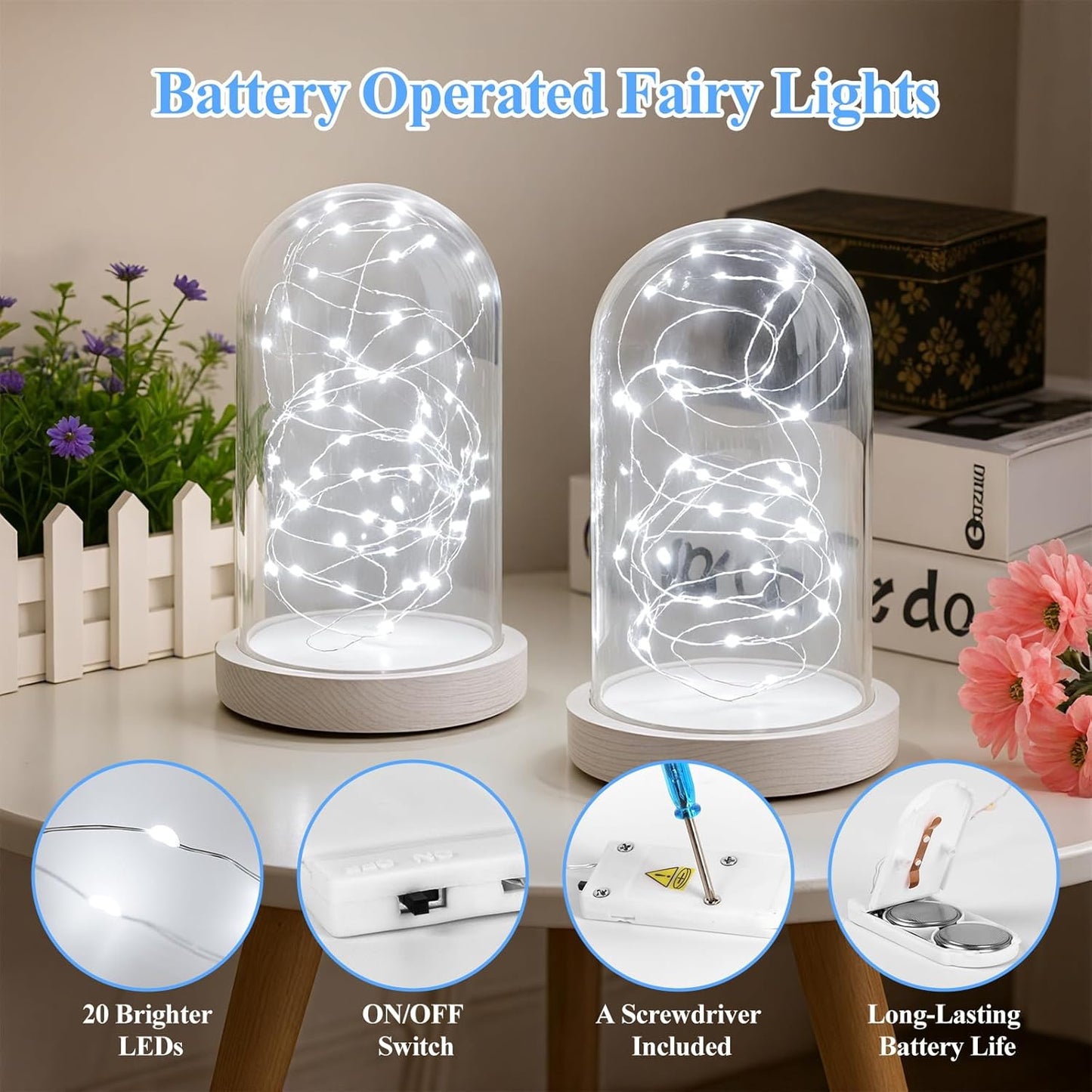 Lakumu 12-Pack Fairy Lights | Battery Operated 7FT Silver Wire LED String Lights for DIY Decor