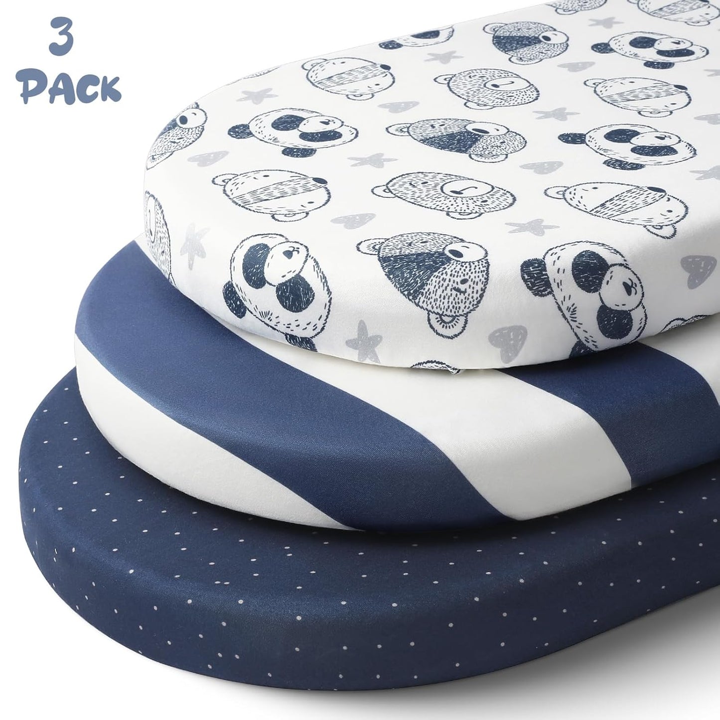 Yoofoss Bassinet Sheets - 3-Pack Fitted Set for Halo Bassinest & Baby Delight | Soft, Breathable Stripes & Panda