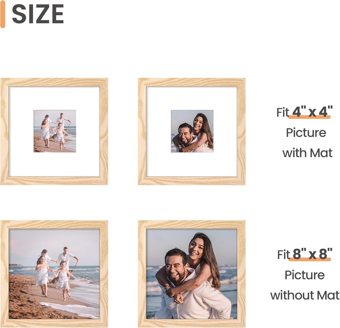 Upsimples 8x8 Picture Frame - Versatile Display for 4x4 or 8x8 Photos | Natural Finish, 1 Pack