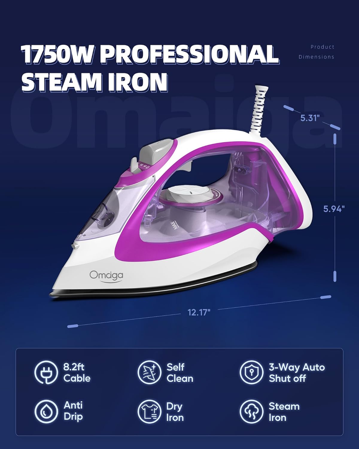 Omaiga Steam Iron - 1750W Fast Heating with Powerful Steam | 15.21oz Water Tank, Ceramic Soleplate