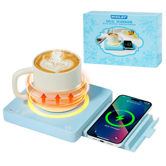 WHOLEV Coffee Mug Warmer, Smart Mug Warmer, 15W Wireless Phone Charging, 3 Heat Settings Temperature Controlled, 8H Auto Off, Candle Warmer, Safe for Heating Coffee, Beverage, Milk, Tea