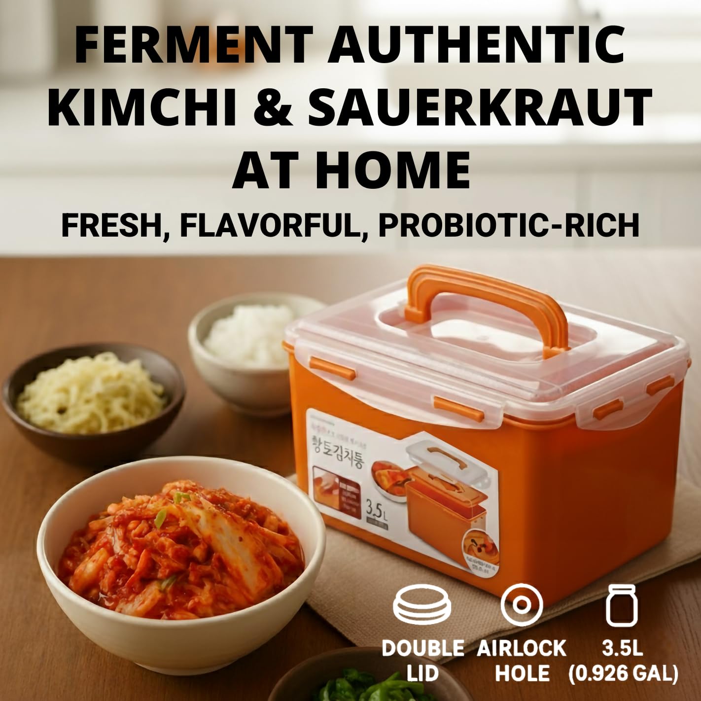 Corvalezy Probiotic Kimchi & Sauerkraut Container for Fresh Fermentation | Airtight Food Storage with Inner Vacuum Lid, (3.5 L) (0.92gal)