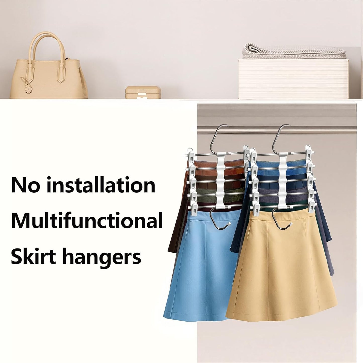 Skiennix Skirt Hangers - Space-Saving Metal Clips for Shorts, Skirts & Pants - 2 Pack Closet Organizer