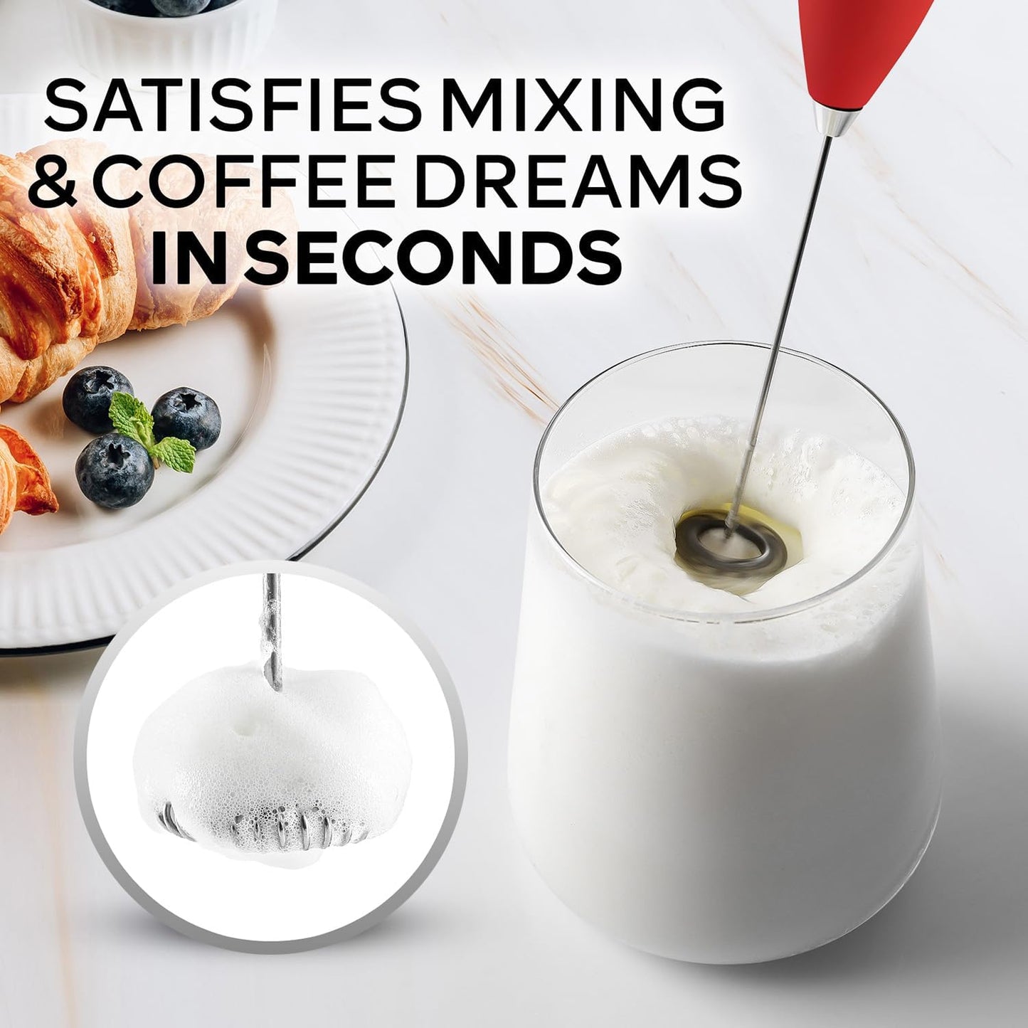 Zulay Kitchen Milk Frother Wand - Ultra-Fast Handheld Electric Whisk for Coffee & Lattes - Cardinal Red