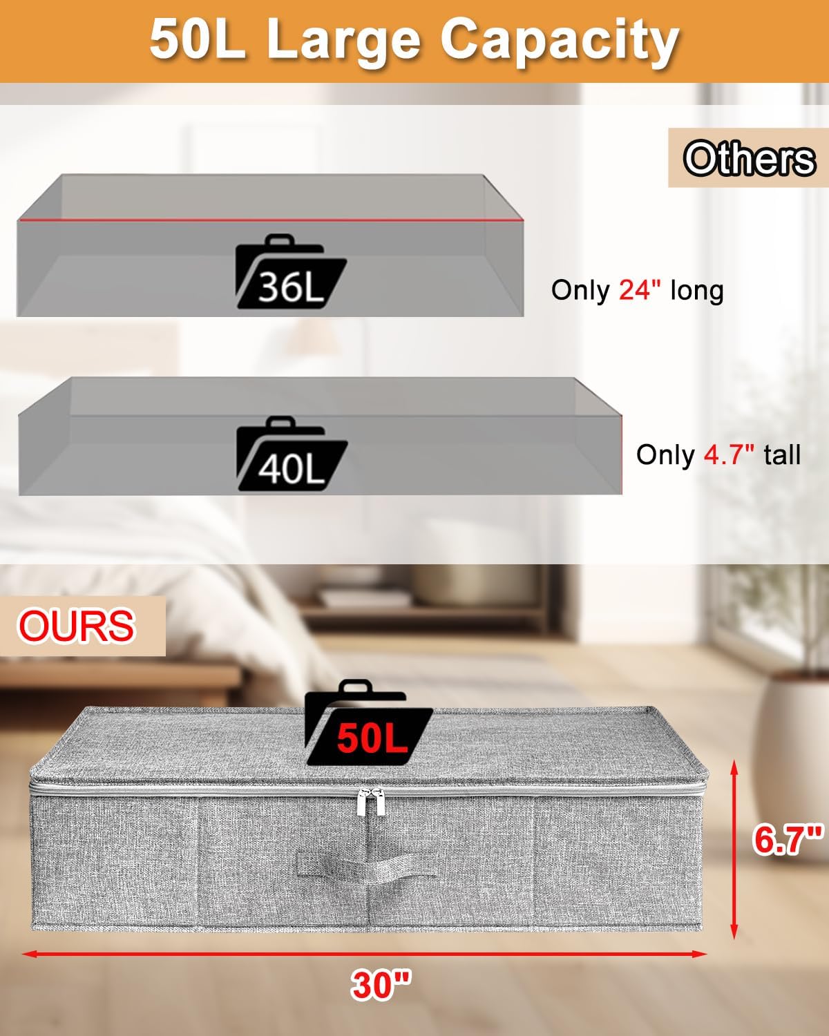 Under Bed Storage | Skiennix 2-Pack Foldable Storage Bags with Lids - Durable Clothes Organizer, Grey, 30x15x6.7 Inch