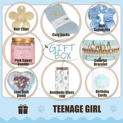 HIDDEN NUTS Birthday Gift for Teen Girls, Happy Birthday Box for Girl, Cute Preppy Stuff for Tween Girls, Christmas, Cute Daisy Aesthetic Glass Cups Tumbler Teen Gals Gifts Set 8pcs